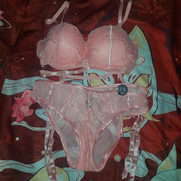 Boux Ave Pink Affair 3 piece garter lingerie set size M - Picture 2 of 5